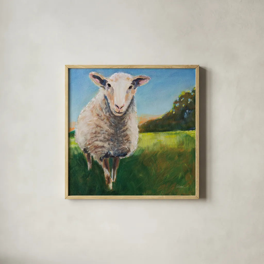 Head of the Flock by Sue Schlabach. Shown in a natural wood glass frame for a timeless modern aesthetic. Available as an archival giclee rolled canvas, fine art paper, or poster print. SKU 89526a.
