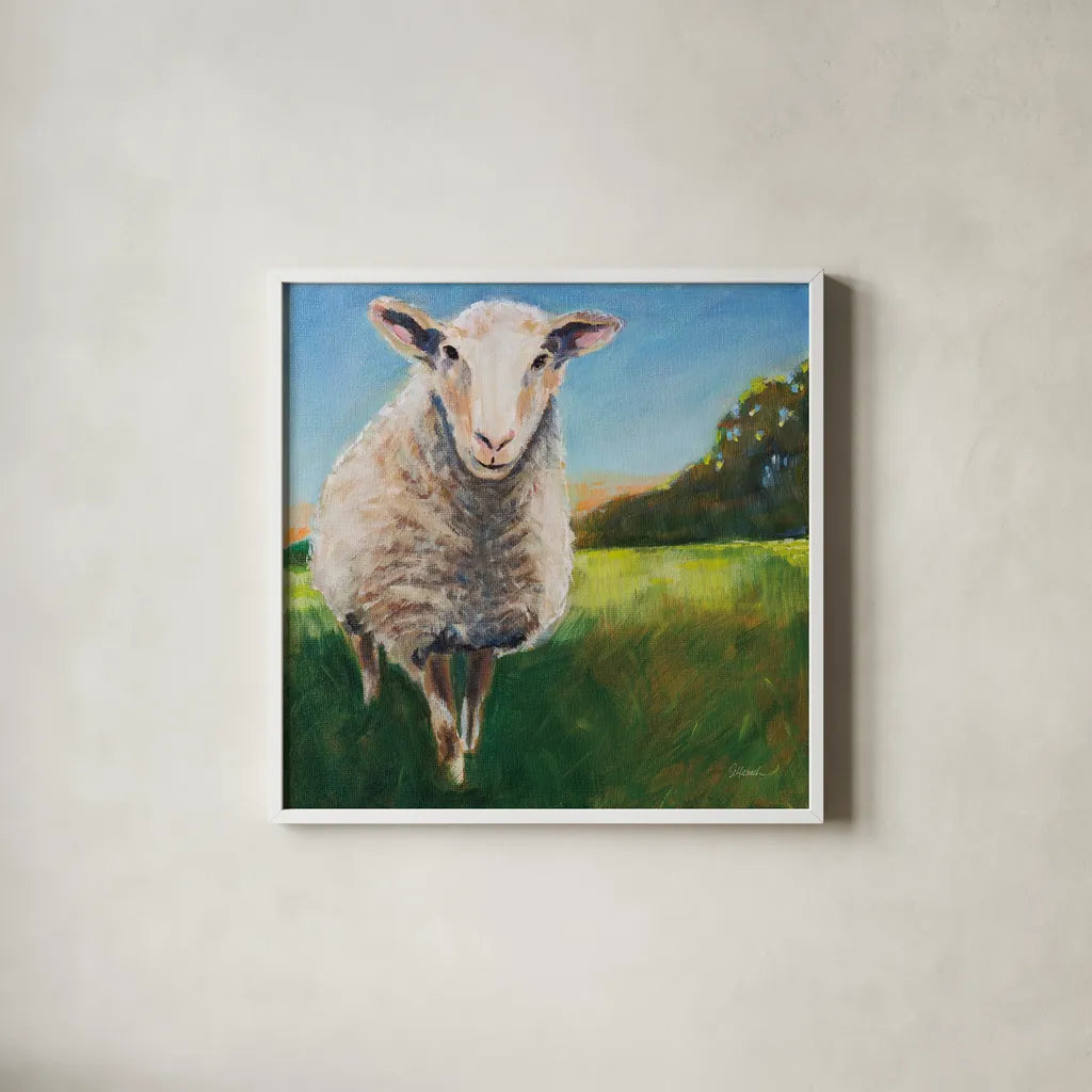 Head of the Flock by Sue Schlabach. Shown in a crisp white glass frame for a clean and minimalist style. Available as an archival giclee rolled canvas, fine art paper, or poster print. SKU 89526a.