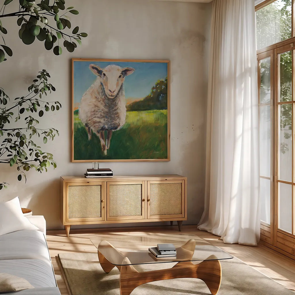Head of the Flock by Sue Schlabach. Shown in a natural wood frame in a cozy modern living room. Available as an archival giclee rolled canvas, fine art paper, or poster print. SKU 89526a.
