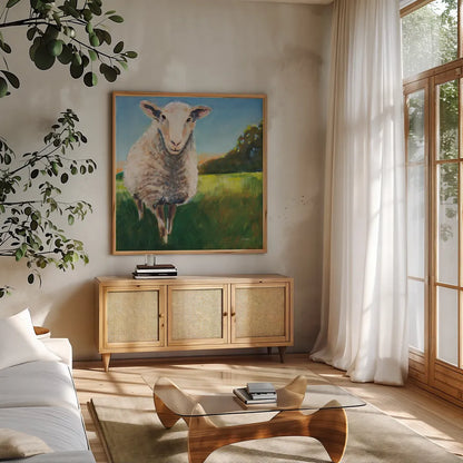 Head of the Flock by Sue Schlabach. Shown in a natural wood frame in a cozy modern living room. Available as an archival giclee rolled canvas, fine art paper, or poster print. SKU 89526a.