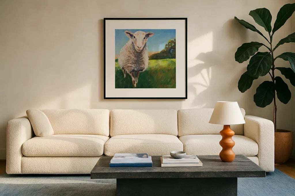 Head of the Flock by Sue Schlabach. Displayed in a glass frame with matte in a clean modern living room. Available as an archival giclee rolled canvas, fine art paper, or poster print. SKU 89526a.