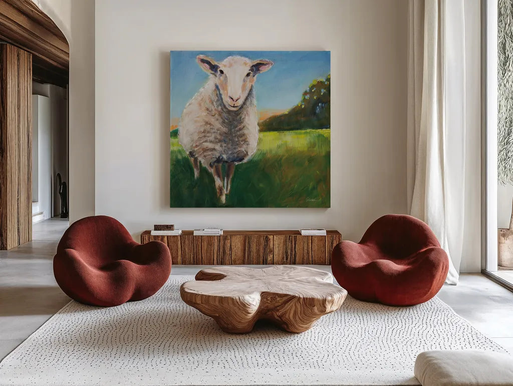 Head of the Flock by Sue Schlabach. Shown as extra-large giant wall art in a modern living room. Available as an archival giclee rolled canvas, fine art paper, or poster print. SKU 89526a.