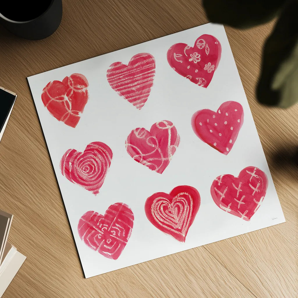 Hearts and More Hearts I by Sue Schlabach. Shown as a detailed flat fine art print, highlighting archival giclee quality. Available as an archival giclee rolled canvas, fine art paper, or poster print. SKU 49988a.