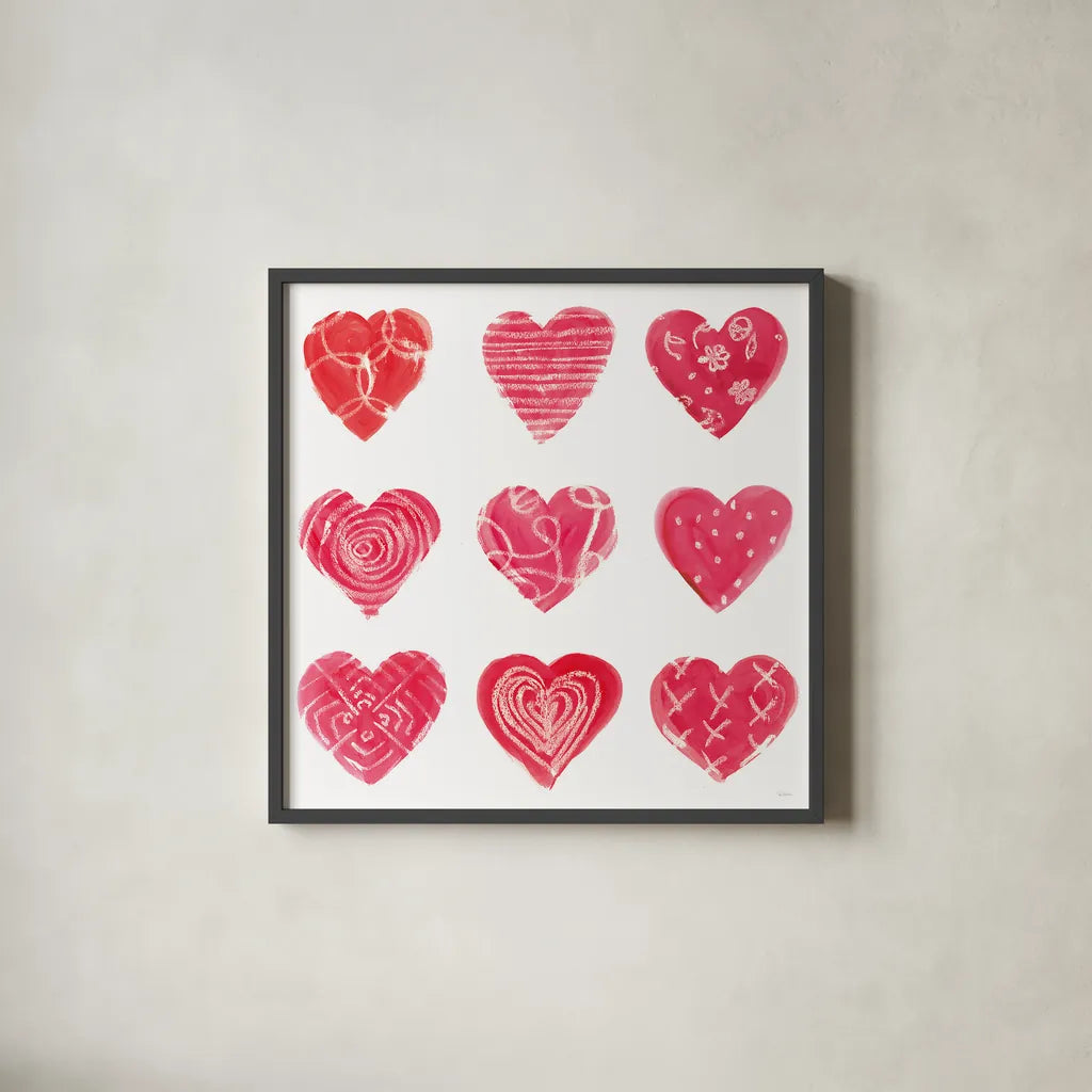 Hearts and More Hearts I by Sue Schlabach. Shown in a sleek black glass frame for a contemporary gallery look. Available as an archival giclee rolled canvas, fine art paper, or poster print. SKU 49988a.