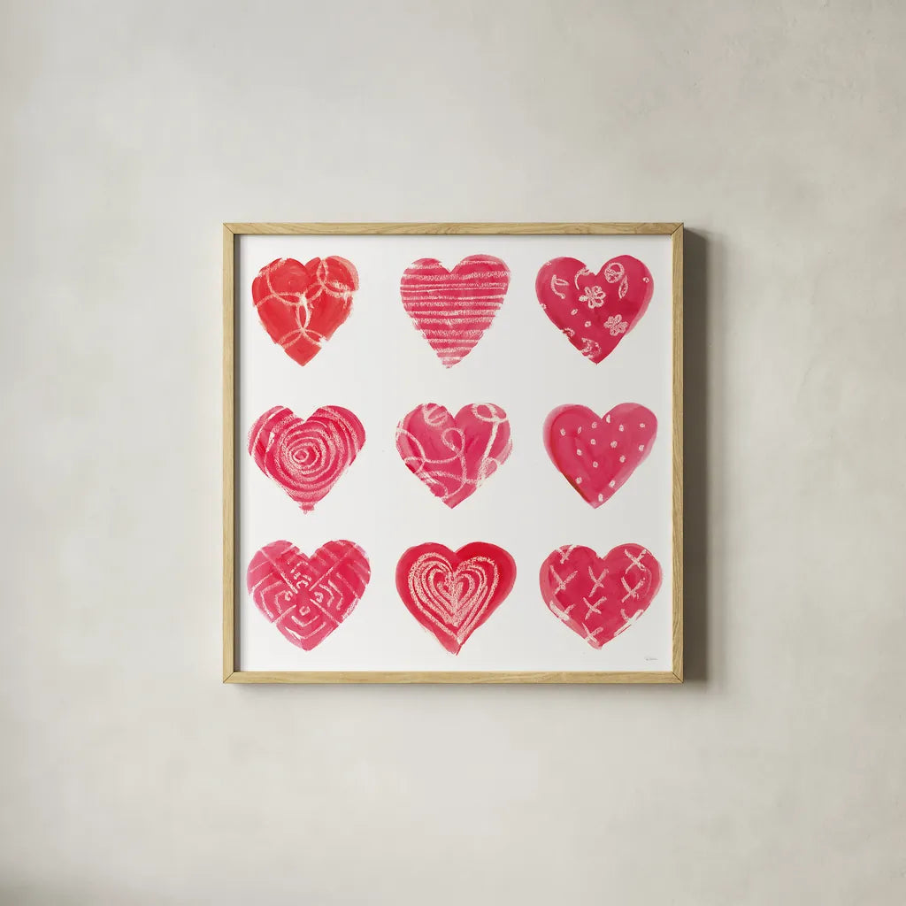Hearts and More Hearts I by Sue Schlabach. Shown in a natural wood glass frame for a timeless modern aesthetic. Available as an archival giclee rolled canvas, fine art paper, or poster print. SKU 49988a.
