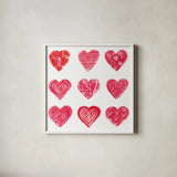 Hearts and More Hearts I by Sue Schlabach. Shown in a crisp white glass frame for a clean and minimalist style. Available as an archival giclee rolled canvas, fine art paper, or poster print. SKU 49988a.