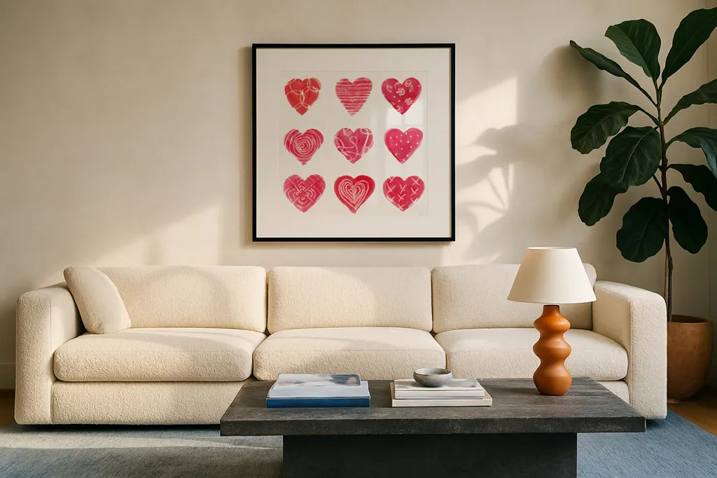 Hearts and More Hearts I by Sue Schlabach. Displayed in a glass frame with matte in a clean modern living room. Available as an archival giclee rolled canvas, fine art paper, or poster print. SKU 49988a.