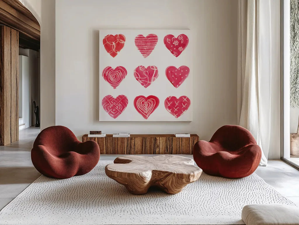 Hearts and More Hearts I by Sue Schlabach. Shown as extra-large giant wall art in a modern living room. Available as an archival giclee rolled canvas, fine art paper, or poster print. SKU 49988a.