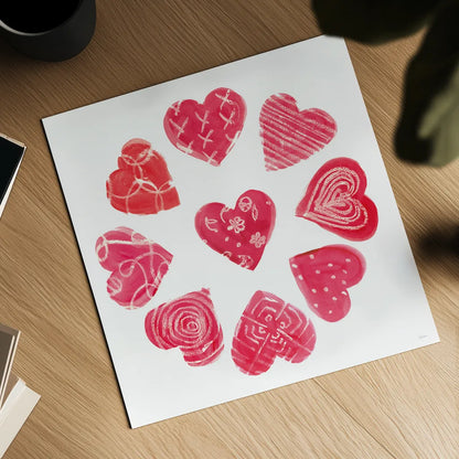 Hearts and More Hearts II by Sue Schlabach. Shown as a detailed flat fine art print, highlighting archival giclee quality. Available as an archival giclee rolled canvas, fine art paper, or poster print. SKU 49989a.