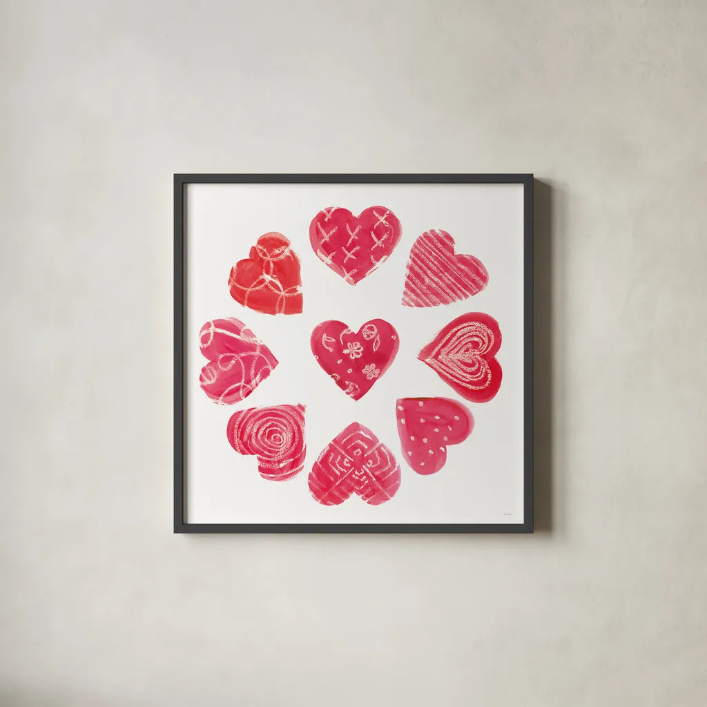 Hearts and More Hearts II by Sue Schlabach. Shown in a sleek black glass frame for a contemporary gallery look. Available as an archival giclee rolled canvas, fine art paper, or poster print. SKU 49989a.