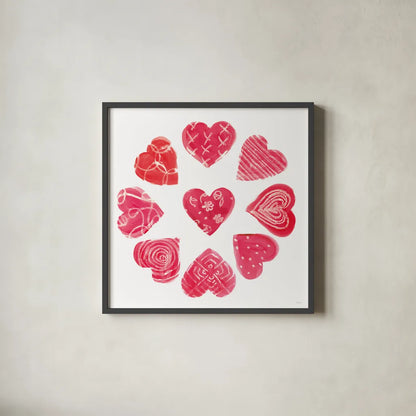 Hearts and More Hearts II by Sue Schlabach. Shown in a sleek black glass frame for a contemporary gallery look. Available as an archival giclee rolled canvas, fine art paper, or poster print. SKU 49989a.