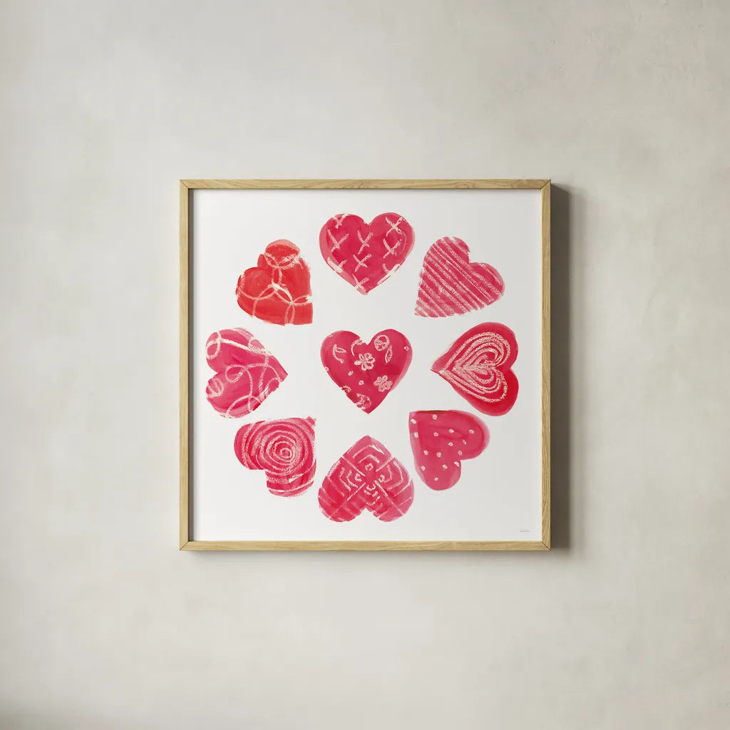 Hearts and More Hearts II by Sue Schlabach. Shown in a natural wood glass frame for a timeless modern aesthetic. Available as an archival giclee rolled canvas, fine art paper, or poster print. SKU 49989a.