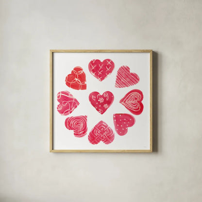 Hearts and More Hearts II by Sue Schlabach. Shown in a natural wood glass frame for a timeless modern aesthetic. Available as an archival giclee rolled canvas, fine art paper, or poster print. SKU 49989a.