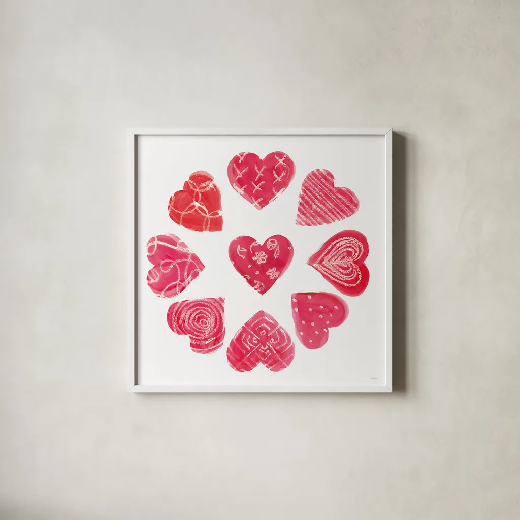 Hearts and More Hearts II by Sue Schlabach. Shown in a crisp white glass frame for a clean and minimalist style. Available as an archival giclee rolled canvas, fine art paper, or poster print. SKU 49989a.