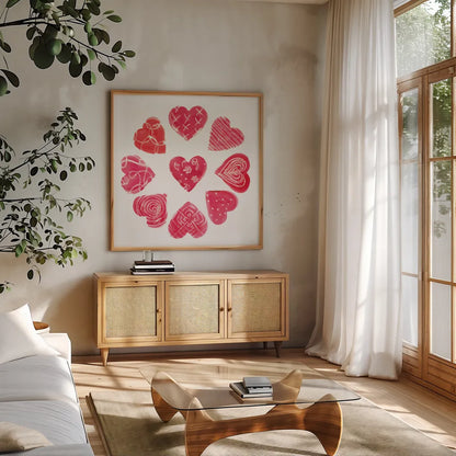Hearts and More Hearts II by Sue Schlabach. Shown in a natural wood frame in a cozy modern living room. Available as an archival giclee rolled canvas, fine art paper, or poster print. SKU 49989a.