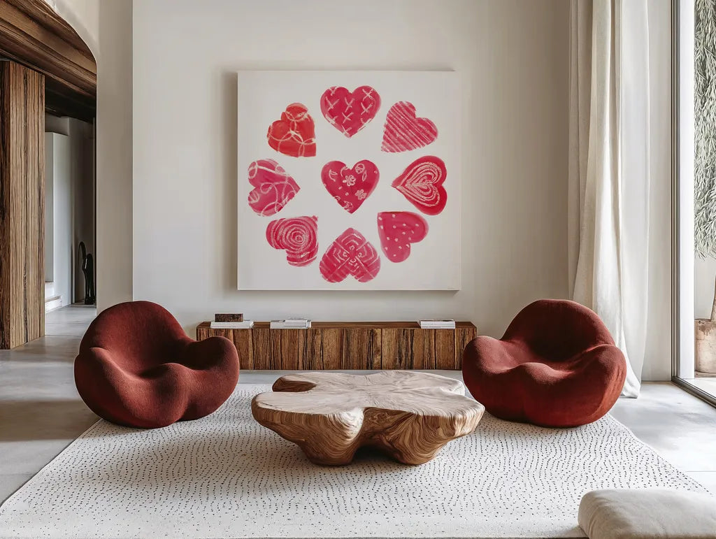 Hearts and More Hearts II by Sue Schlabach. Shown as extra-large giant wall art in a modern living room. Available as an archival giclee rolled canvas, fine art paper, or poster print. SKU 49989a.