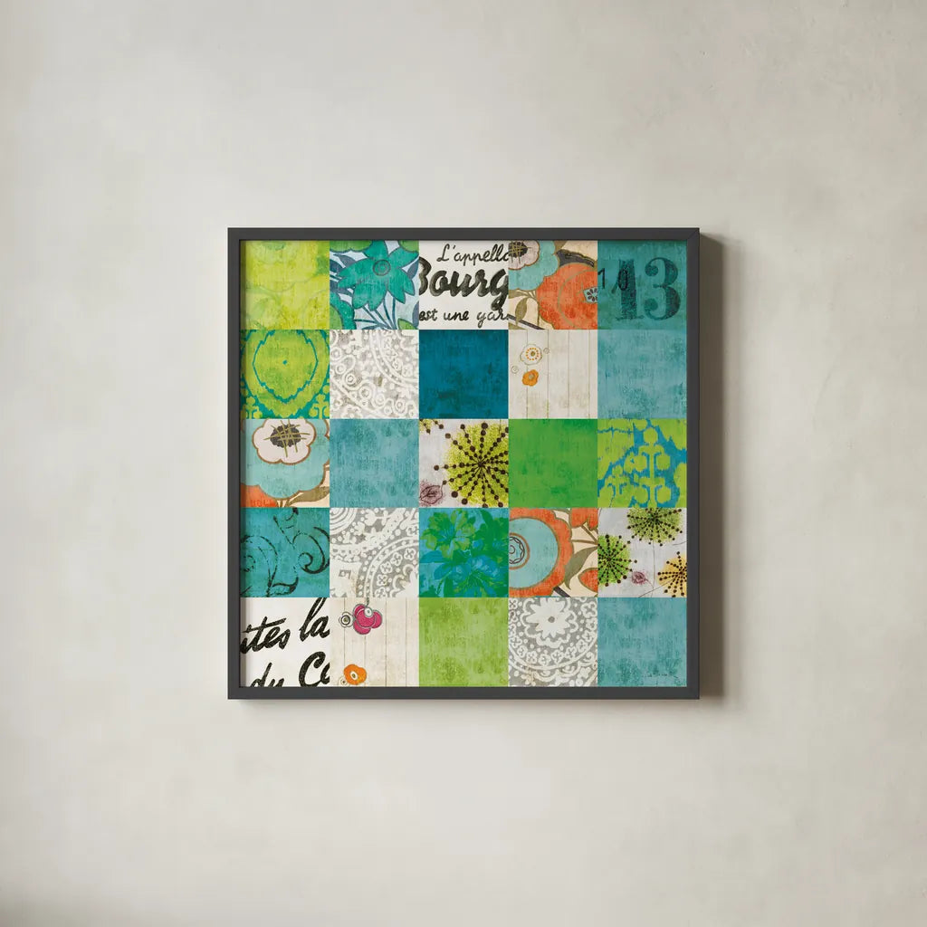 High Spirited Blue by Sue Schlabach. Shown in a sleek black glass frame for a contemporary gallery look. Available as an archival giclee rolled canvas, fine art paper, or poster print. SKU 44480a.