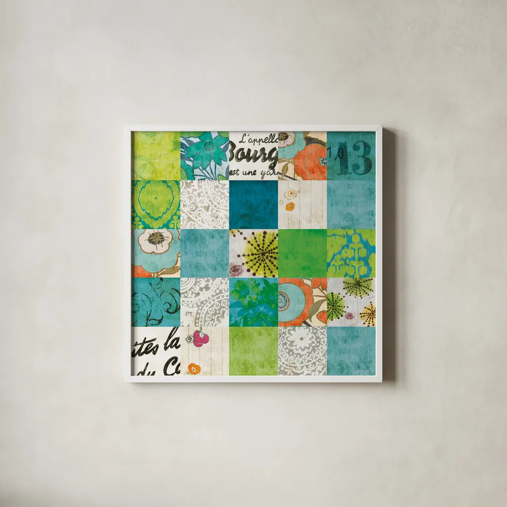 High Spirited Blue by Sue Schlabach. Shown in a crisp white glass frame for a clean and minimalist style. Available as an archival giclee rolled canvas, fine art paper, or poster print. SKU 44480a.