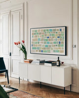 High Windows I Blue by Sue Schlabach. shown as a framed stretched canvas in a living room above a console. Available as a archival giclee rolled canvas, fine art paper, or poster print. SKU 28792i.