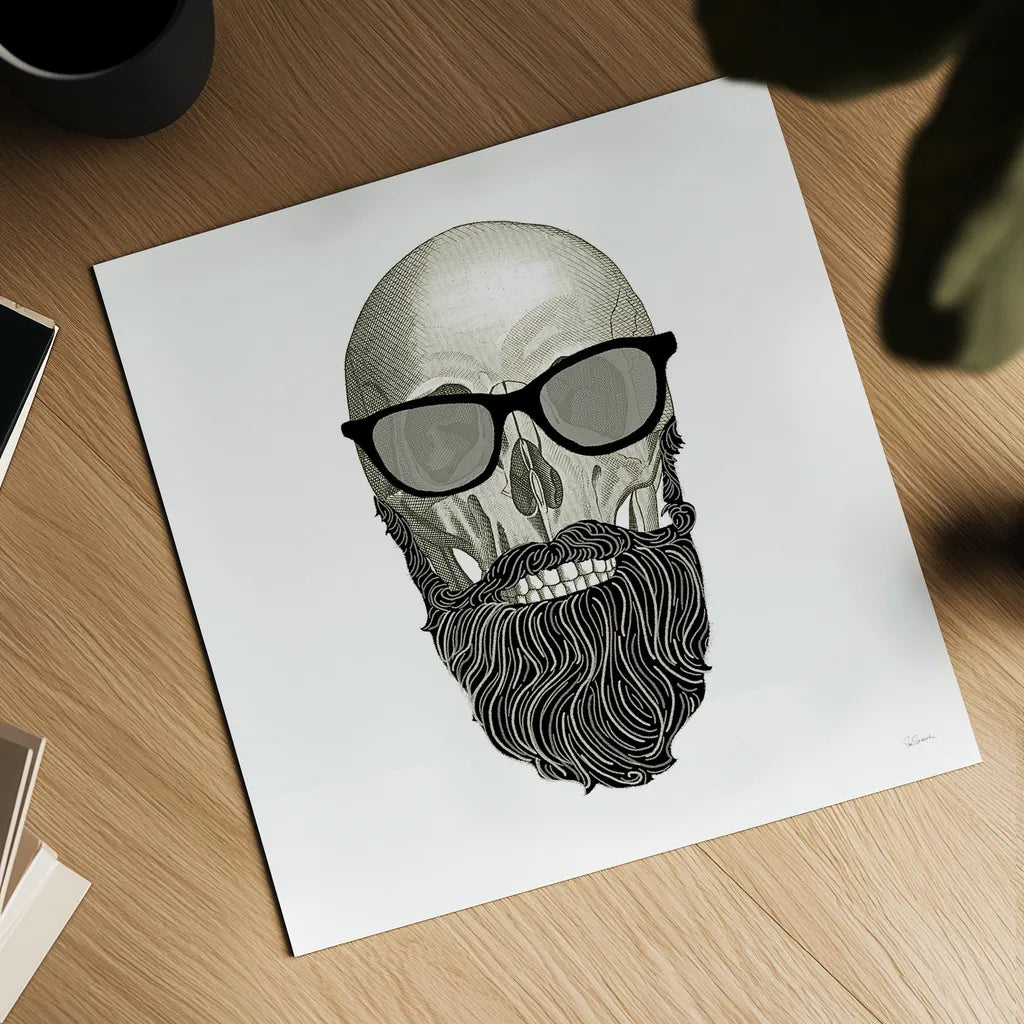 Hipster Skull I by Sue Schlabach. Shown as a detailed flat fine art print, highlighting archival giclee quality. Available as an archival giclee rolled canvas, fine art paper, or poster print. SKU 33574a.