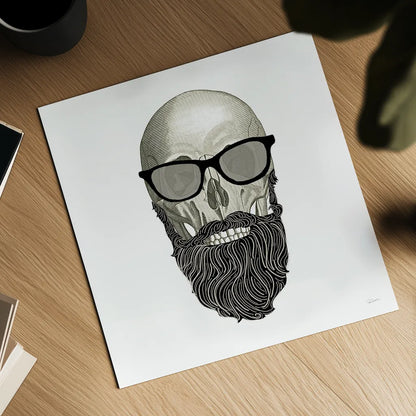 Hipster Skull I by Sue Schlabach. Shown as a detailed flat fine art print, highlighting archival giclee quality. Available as an archival giclee rolled canvas, fine art paper, or poster print. SKU 33574a.