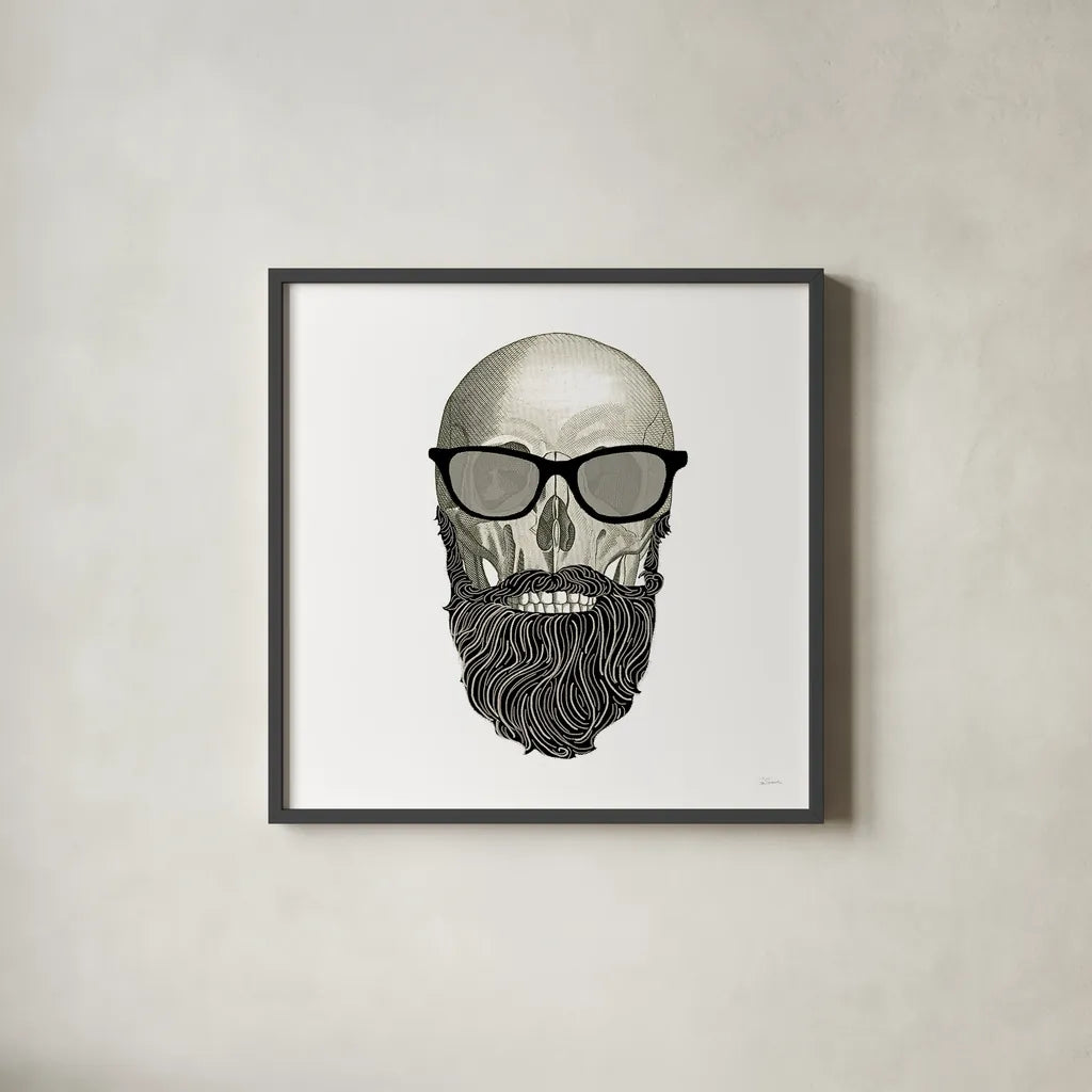 Hipster Skull I by Sue Schlabach. Shown in a sleek black glass frame for a contemporary gallery look. Available as an archival giclee rolled canvas, fine art paper, or poster print. SKU 33574a.