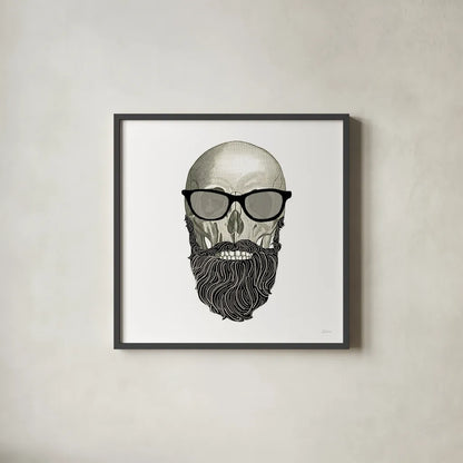 Hipster Skull I by Sue Schlabach. Shown in a sleek black glass frame for a contemporary gallery look. Available as an archival giclee rolled canvas, fine art paper, or poster print. SKU 33574a.