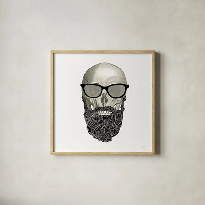 Hipster Skull I by Sue Schlabach. Shown in a natural wood glass frame for a timeless modern aesthetic. Available as an archival giclee rolled canvas, fine art paper, or poster print. SKU 33574a.