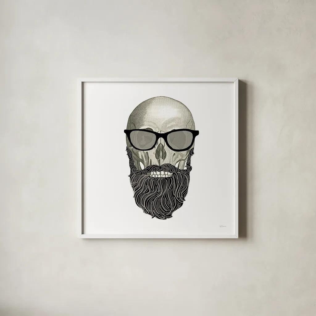 Hipster Skull I by Sue Schlabach. Shown in a crisp white glass frame for a clean and minimalist style. Available as an archival giclee rolled canvas, fine art paper, or poster print. SKU 33574a.