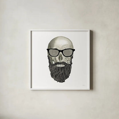 Hipster Skull I by Sue Schlabach. Shown in a crisp white glass frame for a clean and minimalist style. Available as an archival giclee rolled canvas, fine art paper, or poster print. SKU 33574a.