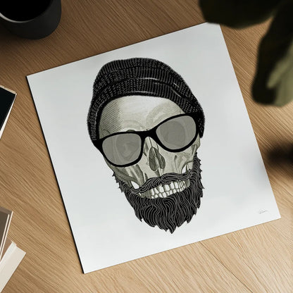 Hipster Skull II by Sue Schlabach. Shown as a detailed flat fine art print, highlighting archival giclee quality. Available as an archival giclee rolled canvas, fine art paper, or poster print. SKU 33575a.