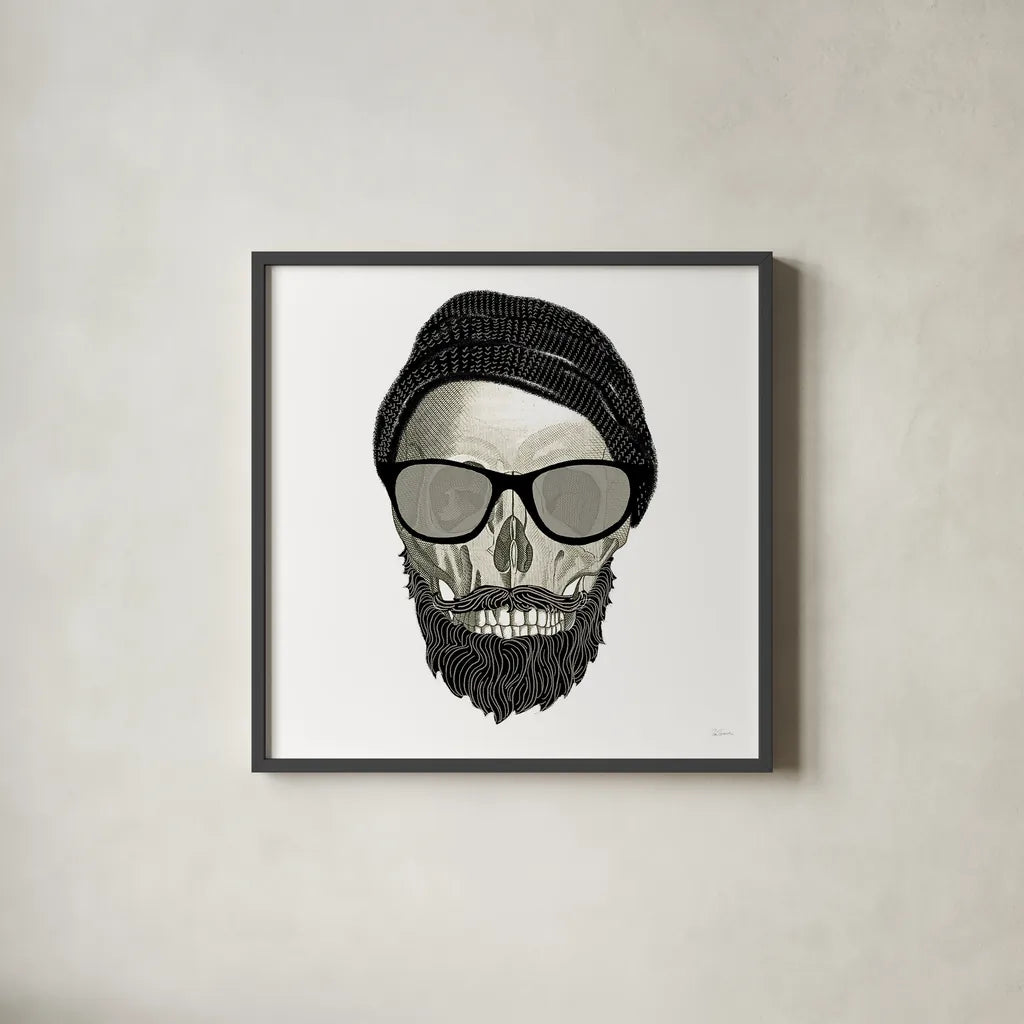Hipster Skull II by Sue Schlabach. Shown in a sleek black glass frame for a contemporary gallery look. Available as an archival giclee rolled canvas, fine art paper, or poster print. SKU 33575a.