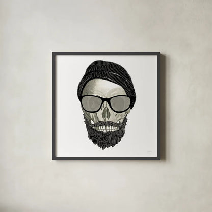 Hipster Skull II by Sue Schlabach. Shown in a sleek black glass frame for a contemporary gallery look. Available as an archival giclee rolled canvas, fine art paper, or poster print. SKU 33575a.