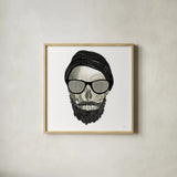 Hipster Skull II by Sue Schlabach. Shown in a natural wood glass frame for a timeless modern aesthetic. Available as an archival giclee rolled canvas, fine art paper, or poster print. SKU 33575a.