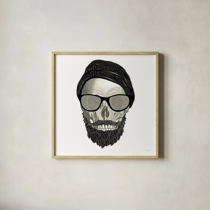 Hipster Skull II by Sue Schlabach. Shown in a natural wood glass frame for a timeless modern aesthetic. Available as an archival giclee rolled canvas, fine art paper, or poster print. SKU 33575a.