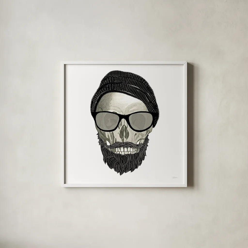 Hipster Skull II by Sue Schlabach. Shown in a crisp white glass frame for a clean and minimalist style. Available as an archival giclee rolled canvas, fine art paper, or poster print. SKU 33575a.