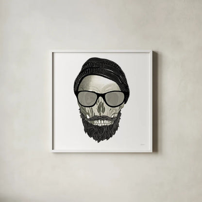 Hipster Skull II by Sue Schlabach. Shown in a crisp white glass frame for a clean and minimalist style. Available as an archival giclee rolled canvas, fine art paper, or poster print. SKU 33575a.