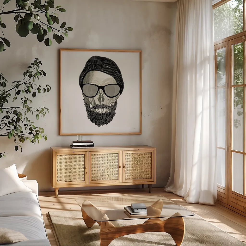 Hipster Skull II by Sue Schlabach. Shown in a natural wood frame in a cozy modern living room. Available as an archival giclee rolled canvas, fine art paper, or poster print. SKU 33575a.