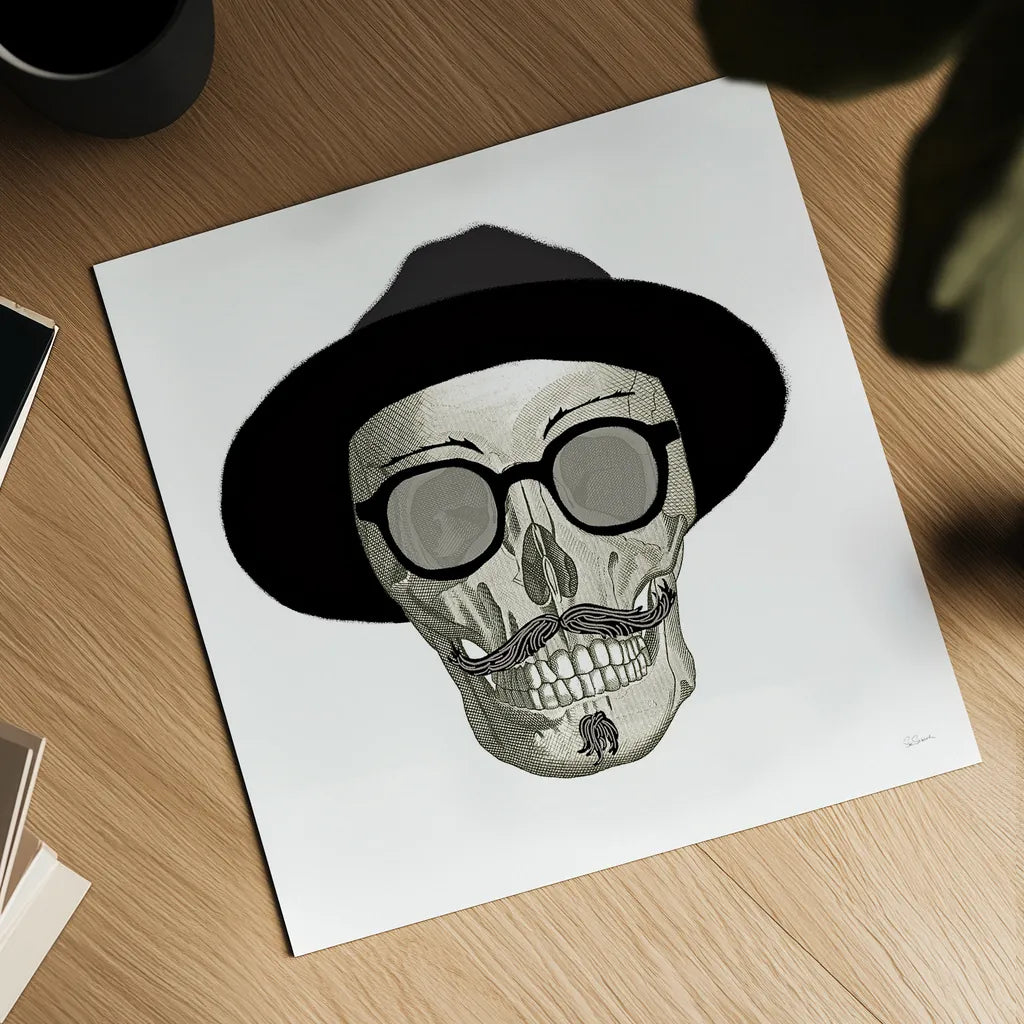 Hipster Skull III by Sue Schlabach. Shown as a detailed flat fine art print, highlighting archival giclee quality. Available as an archival giclee rolled canvas, fine art paper, or poster print. SKU 33576a.