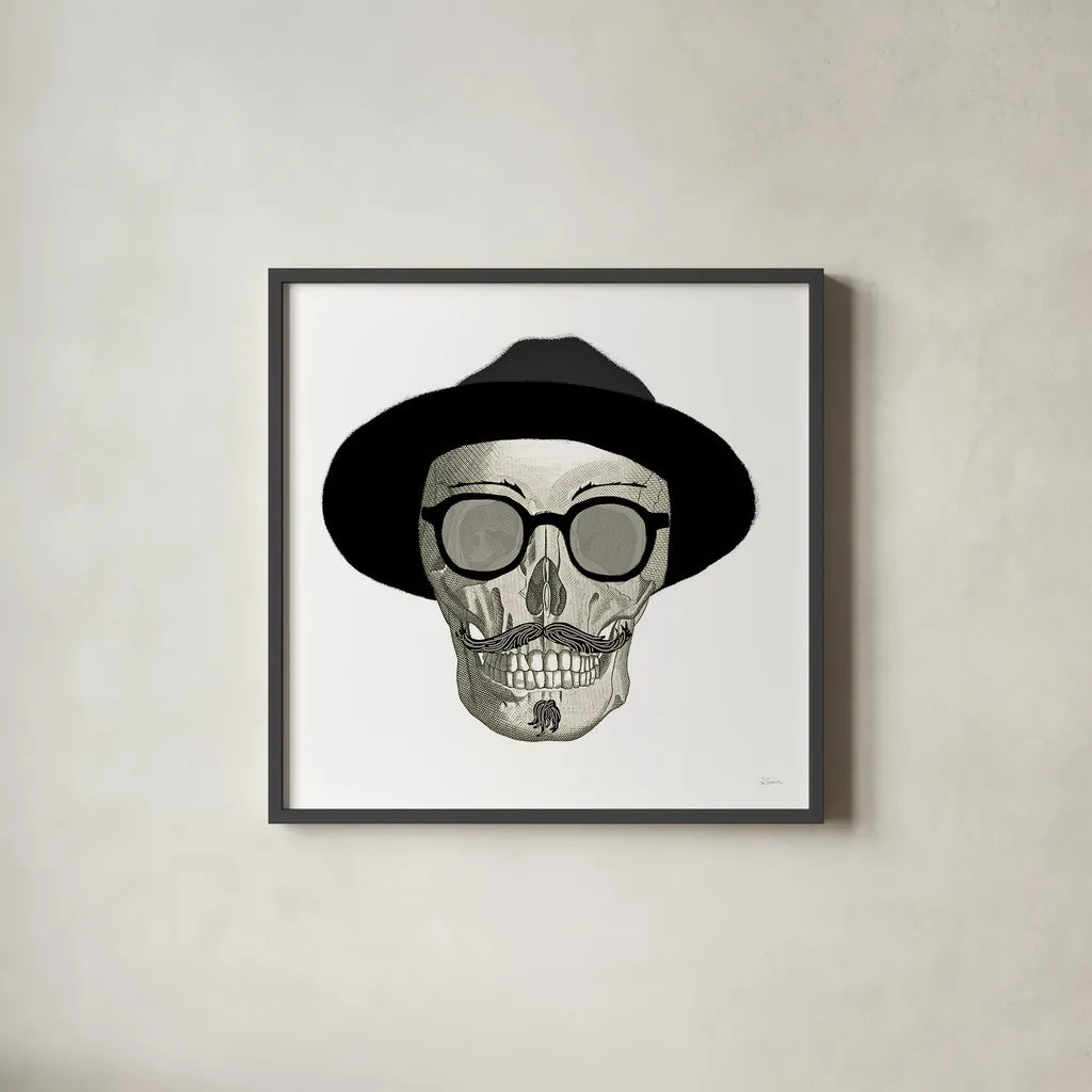 Hipster Skull III by Sue Schlabach. Shown in a sleek black glass frame for a contemporary gallery look. Available as an archival giclee rolled canvas, fine art paper, or poster print. SKU 33576a.
