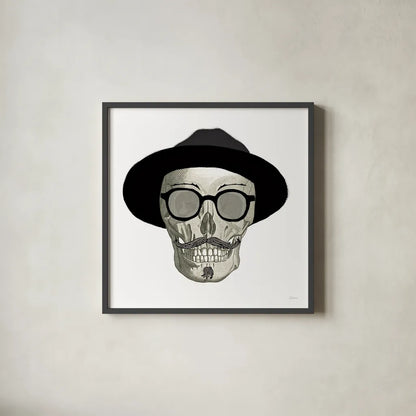 Hipster Skull III by Sue Schlabach. Shown in a sleek black glass frame for a contemporary gallery look. Available as an archival giclee rolled canvas, fine art paper, or poster print. SKU 33576a.
