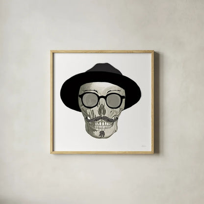 Hipster Skull III by Sue Schlabach. Shown in a natural wood glass frame for a timeless modern aesthetic. Available as an archival giclee rolled canvas, fine art paper, or poster print. SKU 33576a.