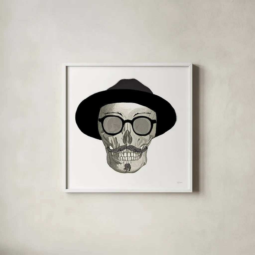 Hipster Skull III by Sue Schlabach. Shown in a crisp white glass frame for a clean and minimalist style. Available as an archival giclee rolled canvas, fine art paper, or poster print. SKU 33576a.