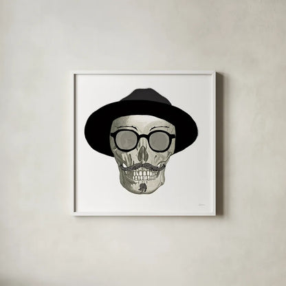 Hipster Skull III by Sue Schlabach. Shown in a crisp white glass frame for a clean and minimalist style. Available as an archival giclee rolled canvas, fine art paper, or poster print. SKU 33576a.