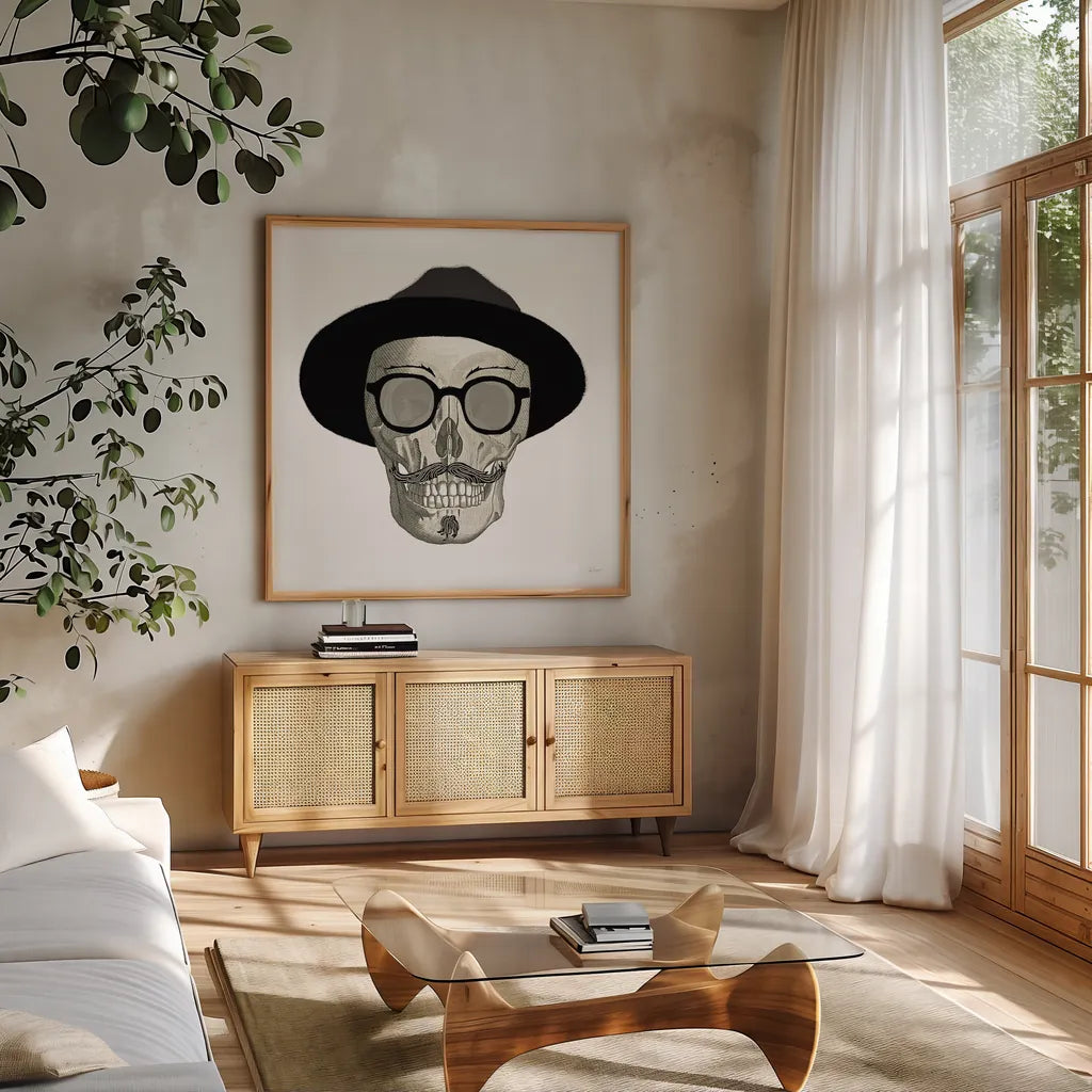 Hipster Skull III by Sue Schlabach. Shown in a natural wood frame in a cozy modern living room. Available as an archival giclee rolled canvas, fine art paper, or poster print. SKU 33576a.