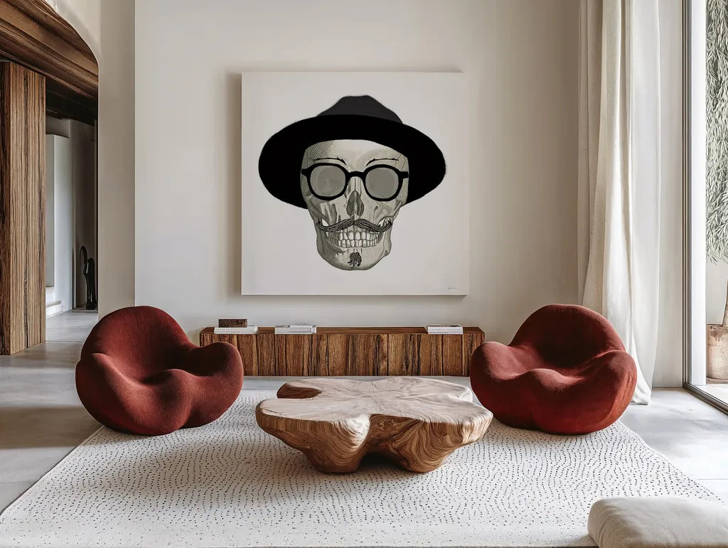 Hipster Skull III by Sue Schlabach. Shown as extra-large giant wall art in a modern living room. Available as an archival giclee rolled canvas, fine art paper, or poster print. SKU 33576a.