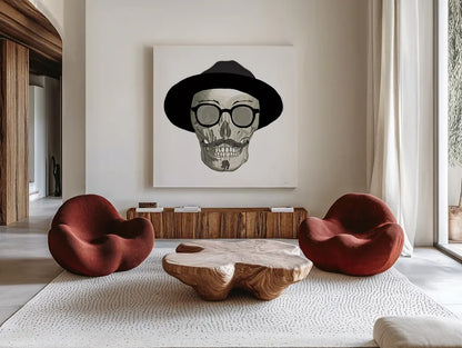 Hipster Skull III by Sue Schlabach. Shown as extra-large giant wall art in a modern living room. Available as an archival giclee rolled canvas, fine art paper, or poster print. SKU 33576a.