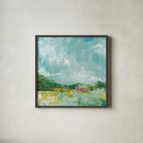 Horizon Farm by Sue Schlabach. Shown in a sleek black glass frame for a contemporary gallery look. Available as an archival giclee rolled canvas, fine art paper, or poster print. SKU 35340a.