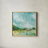Horizon Farm by Sue Schlabach. Shown in a natural wood glass frame for a timeless modern aesthetic. Available as an archival giclee rolled canvas, fine art paper, or poster print. SKU 35340a.