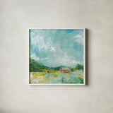 Horizon Farm by Sue Schlabach. Shown in a crisp white glass frame for a clean and minimalist style. Available as an archival giclee rolled canvas, fine art paper, or poster print. SKU 35340a.
